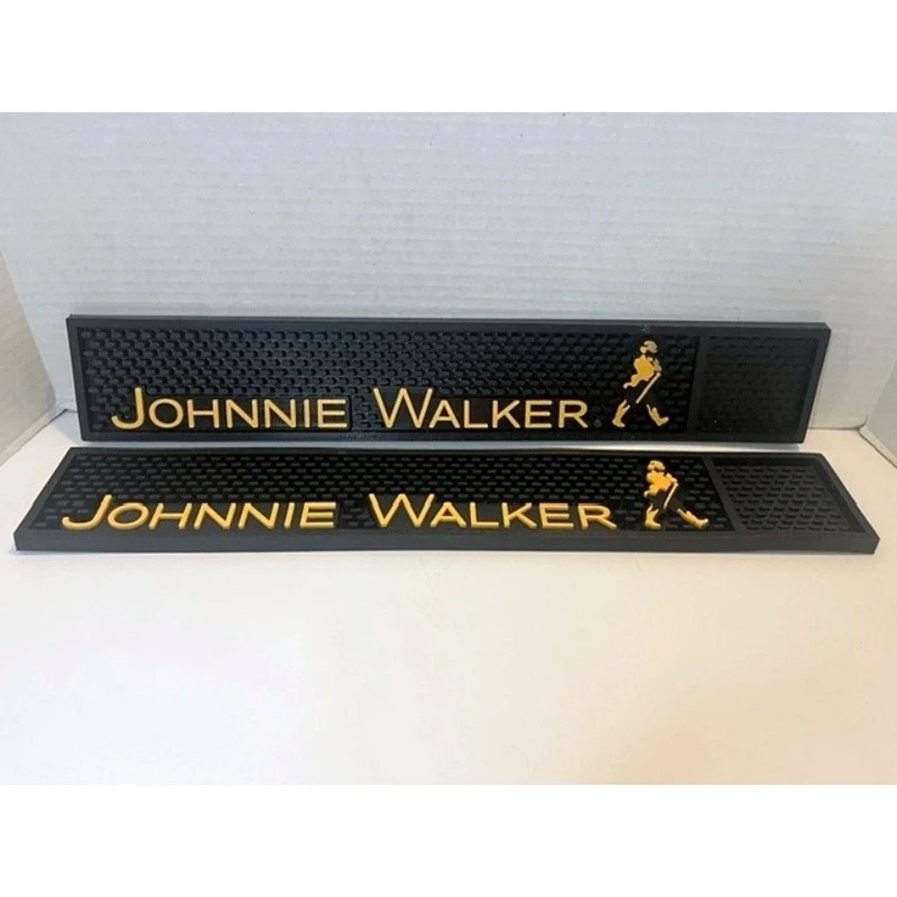 2 Johnnie Walker Whiskey 2008 Drip Runner Rubber Bar Rail Mat 20.5 x 3.5 Inches